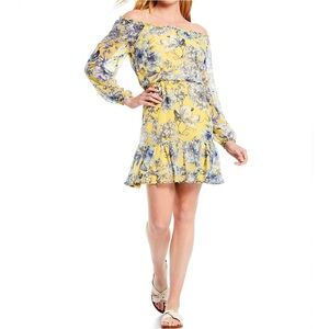 Tommy Hilfiger Size XL Dress Yellow Blue Floral Chiffon Off-the-Shoulder Vacay